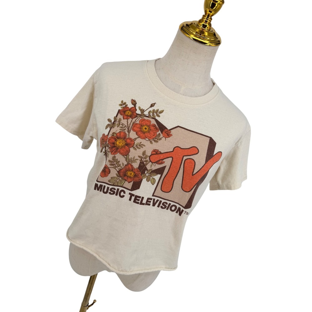 MTV Graphic T-Shirt Women Medium Cream Floral Music Television Raw Hem Tee